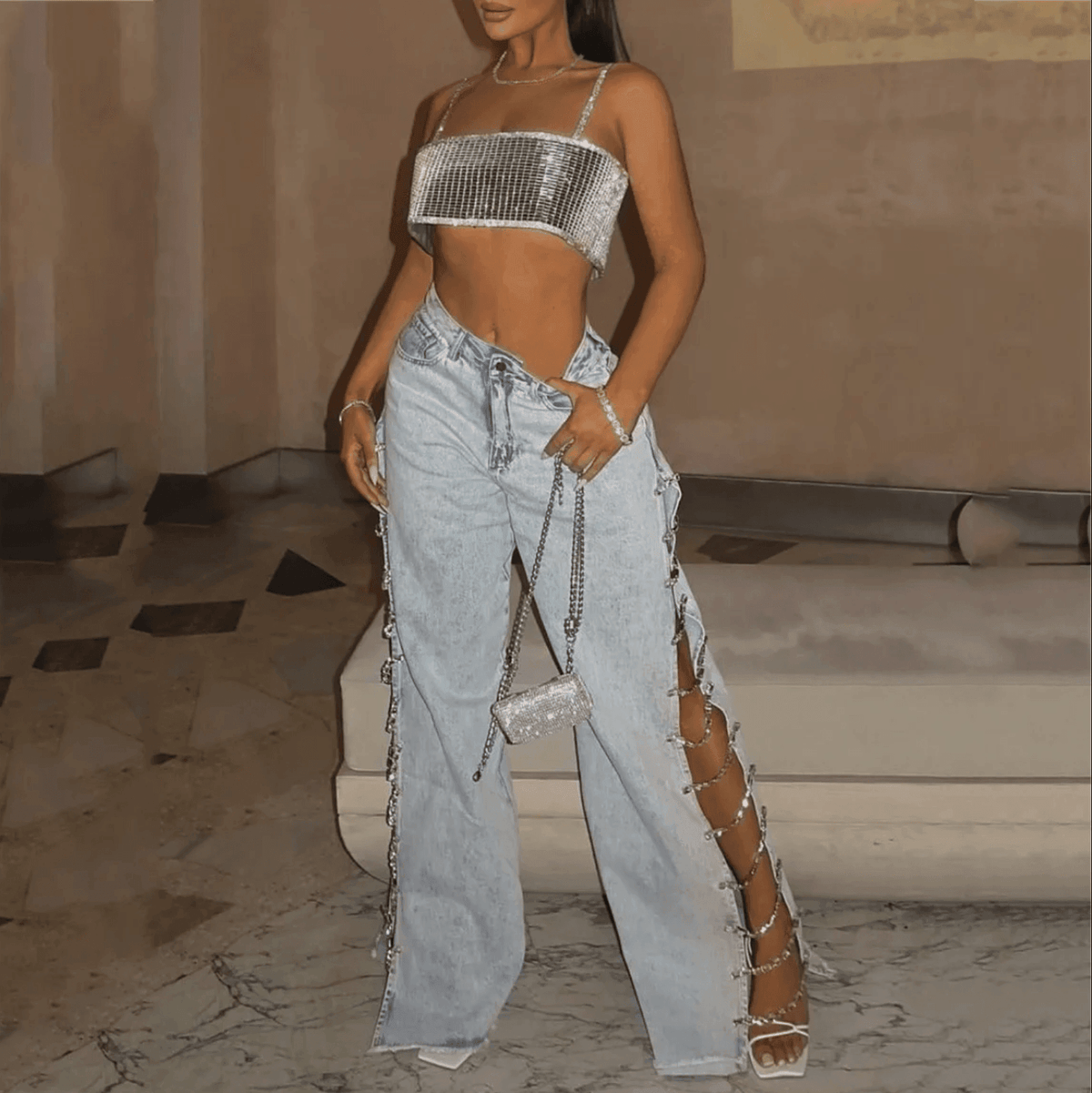 Euphoria Relaxed Diamond Embellished Jeans - Denim Glam