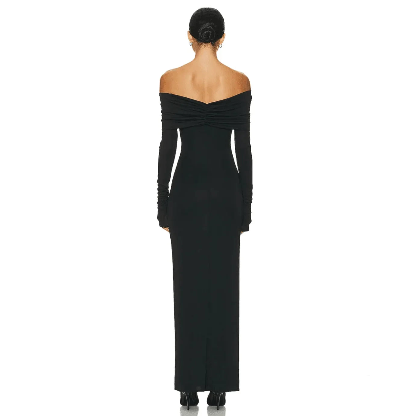 Floor-length off-the-shoulder black gown, elegant evening wear