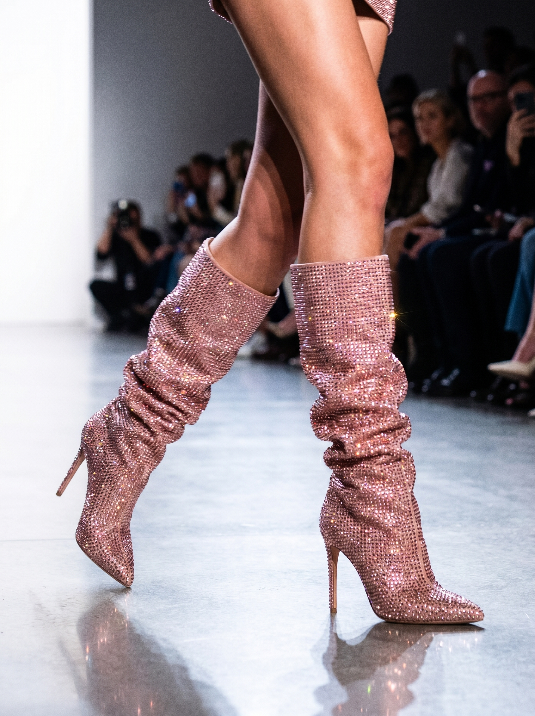 crystal-embellished slouchy high boots with stiletto heel, evening wear