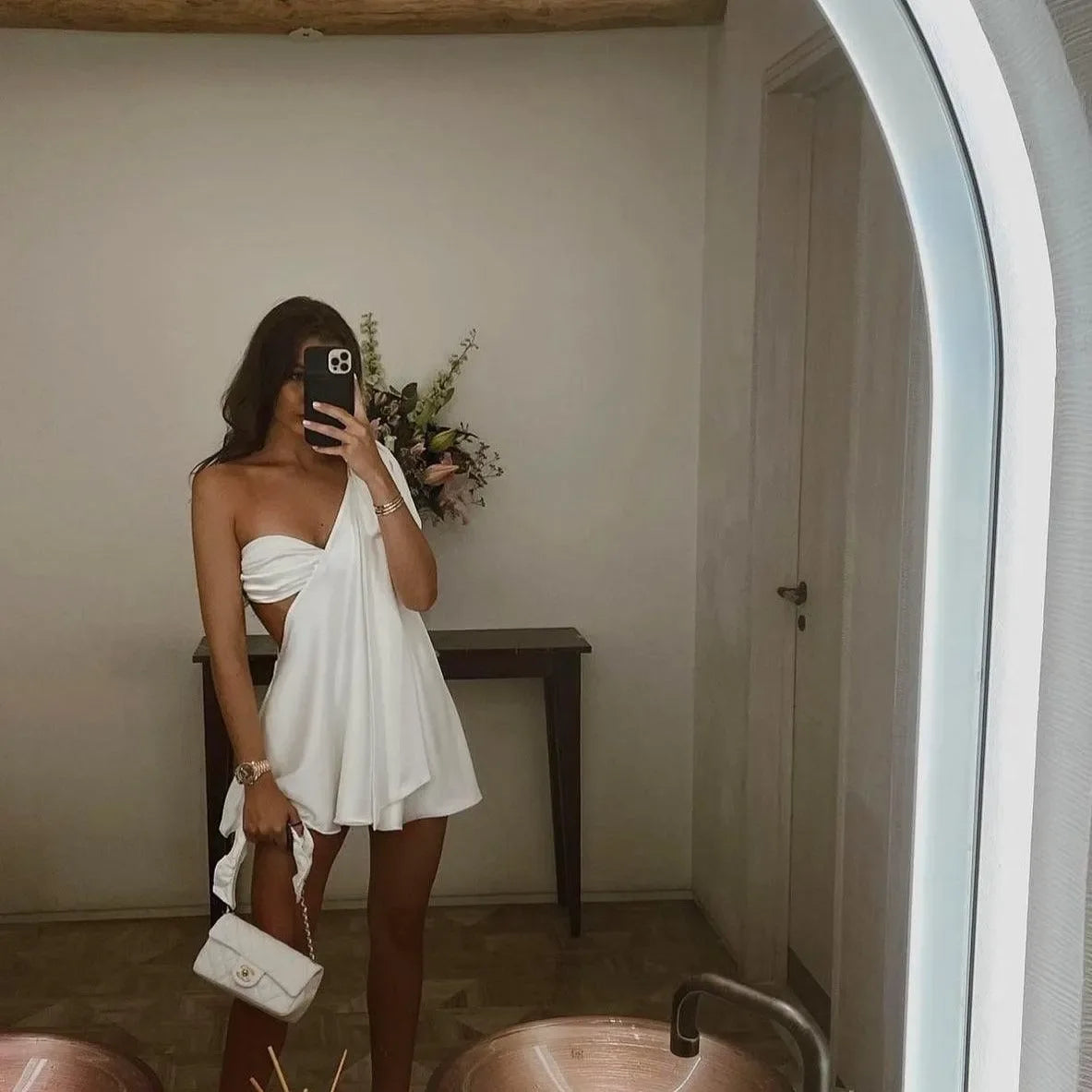 One Shoulder Swing Mini Dress in White - Elegant Silhouette One Shoulder Swing Mini Dress in White - Elegant Silhouette