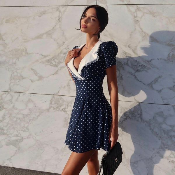 Fiorella Dark Blue Polka Dot Vintage Mini Dress