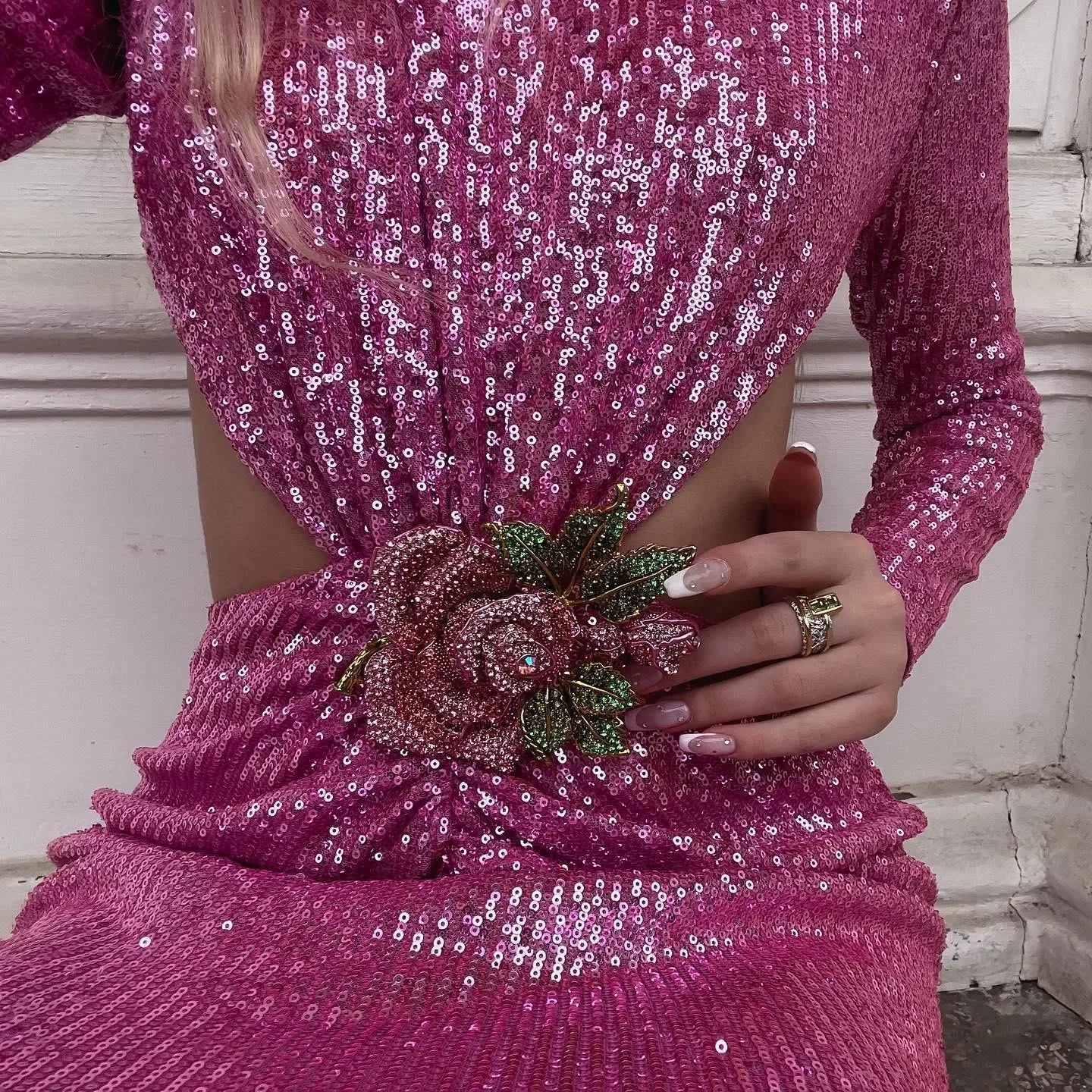 First Kiss Pink Glitter Sequin Maxi Dress with Floral Detail First Kiss Pink Glitter Sequin Maxi Dress with Floral Detail