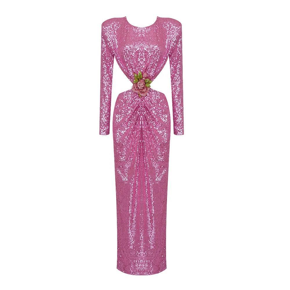 First Kiss Long Sleeve Cutout Sequin Maxi Dress - Pink / XS - Mermaid Way