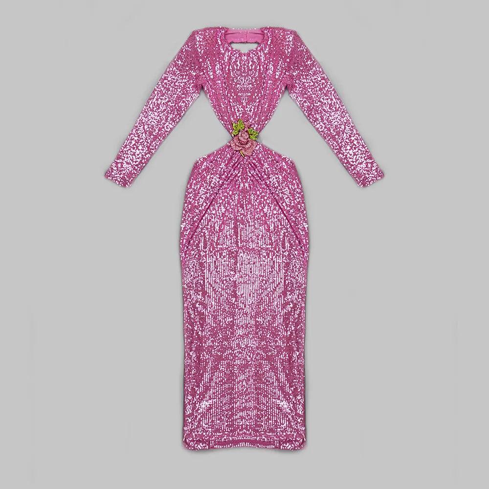First Kiss Pink Glitter Sequin Maxi Dress with Floral Detail First Kiss Pink Glitter Sequin Maxi Dress with Floral Detail
