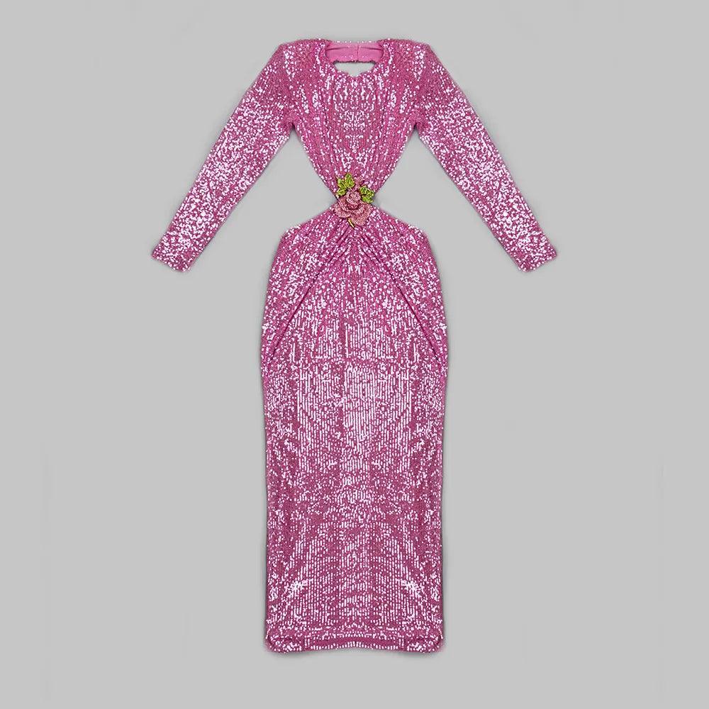 First Kiss Long Sleeve Cutout Sequin Maxi Dress - Pink / XS - Mermaid Way