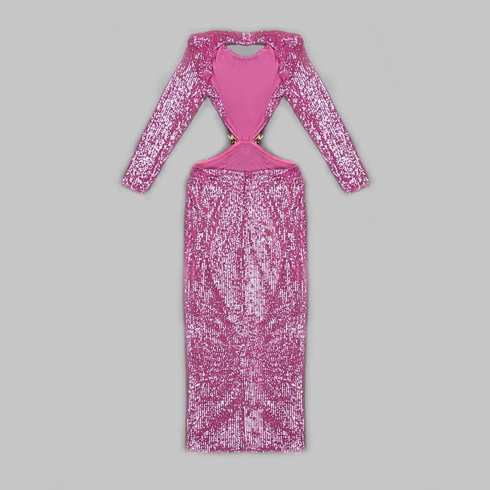 First Kiss Long Sleeve Cutout Sequin Maxi Dress - Pink / XS - Mermaid Way