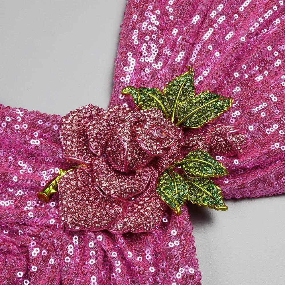 First Kiss Pink Glitter Sequin Maxi Dress with Floral Detail First Kiss Pink Glitter Sequin Maxi Dress with Floral Detail