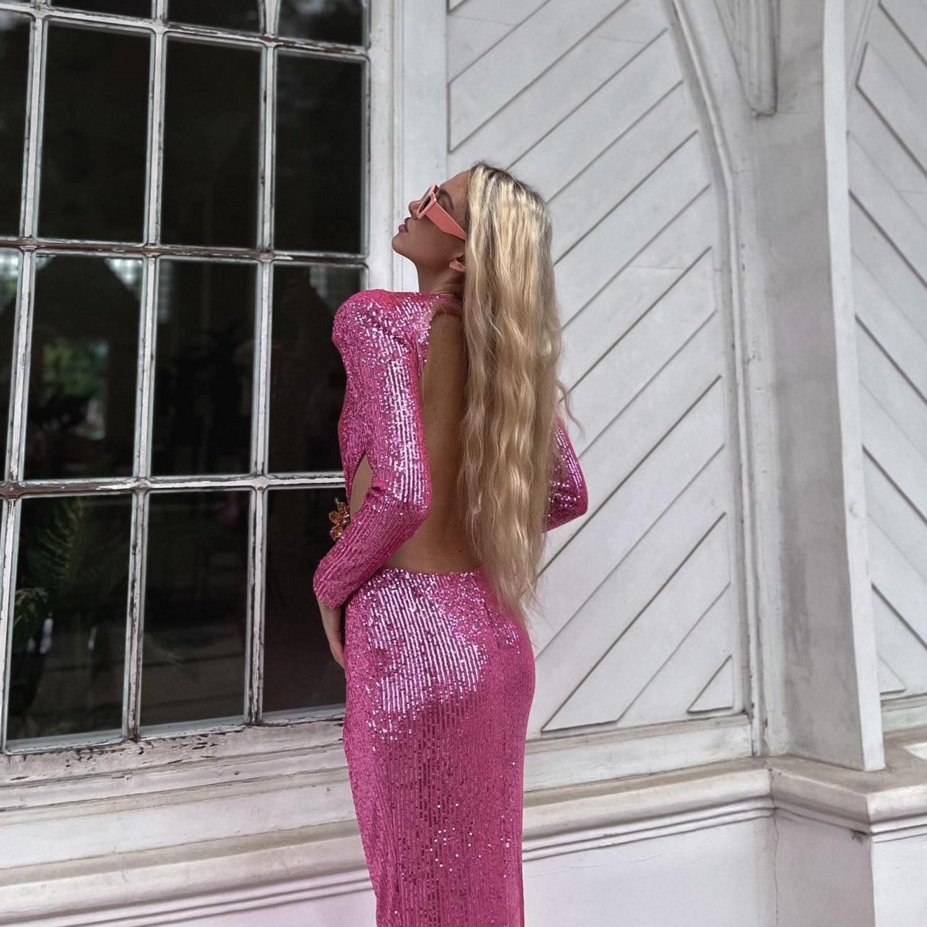 First Kiss Long Sleeve Cutout Sequin Maxi Dress - Pink / XS - Mermaid Way