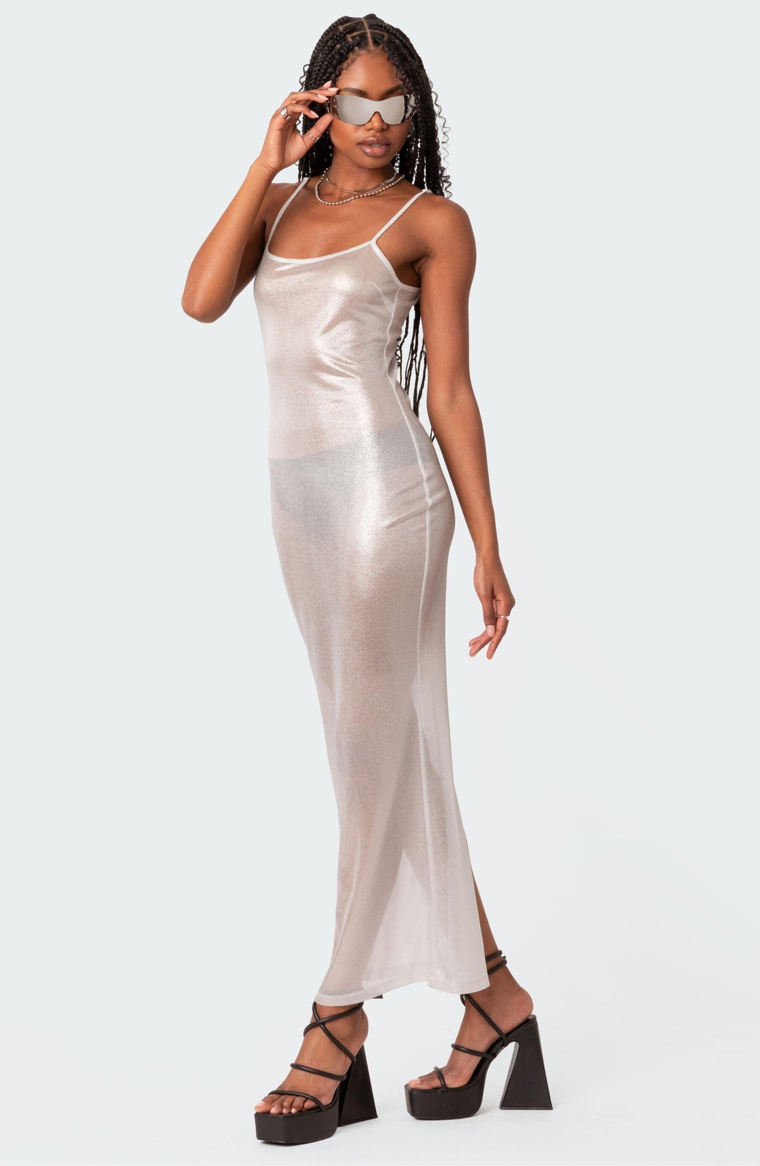 Sheer Metallic Maxi Dress in Silver | Subtle Shine Evening Wear Sheer Metallic Maxi Dress in Silver | Subtle Shine Evening Wear
