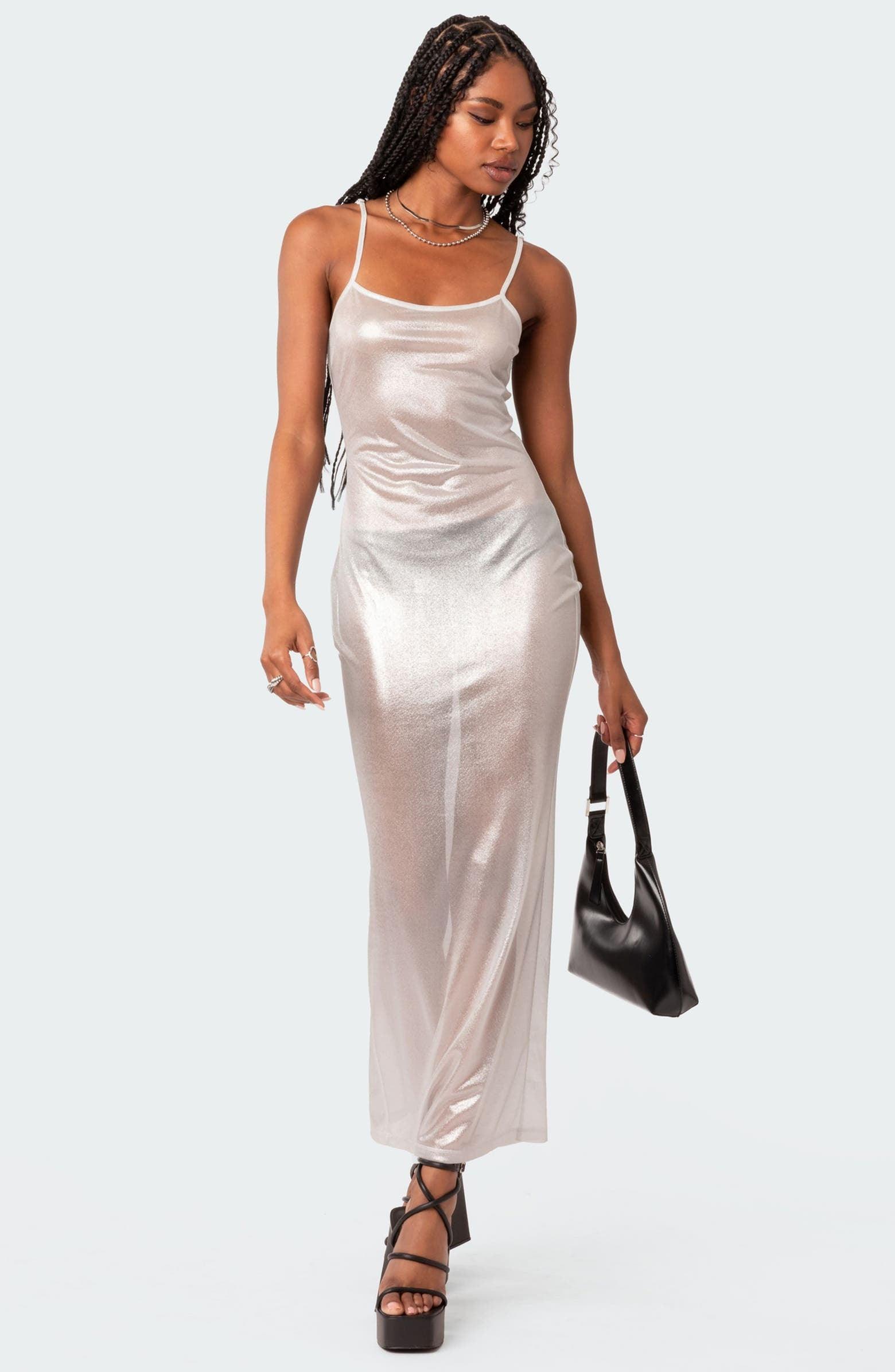 Sheer Metallic Maxi Dress in Silver | Subtle Shine Evening Wear Sheer Metallic Maxi Dress in Silver | Subtle Shine Evening Wear