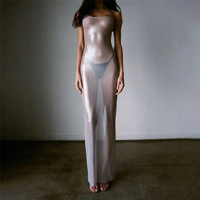 Sheer Metallic Maxi Dress in Silver | Subtle Shine Evening Wear Sheer Metallic Maxi Dress in Silver | Subtle Shine Evening Wear