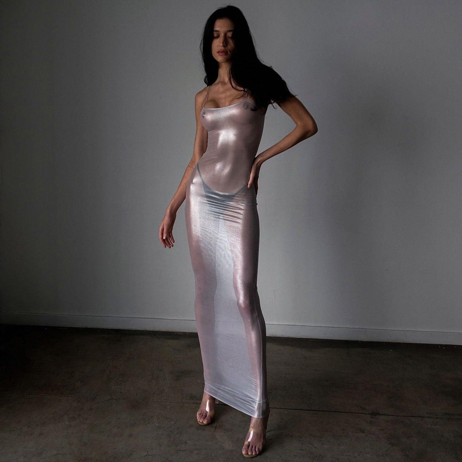 Focused On Me Sheer Metallic Maxi Dress - Silver / S - Mermaid Way