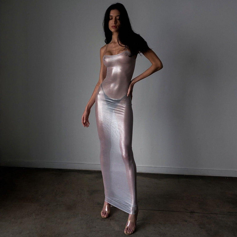 Sheer Metallic Maxi Dress in Silver | Subtle Shine Evening Wear Sheer Metallic Maxi Dress in Silver | Subtle Shine Evening Wear