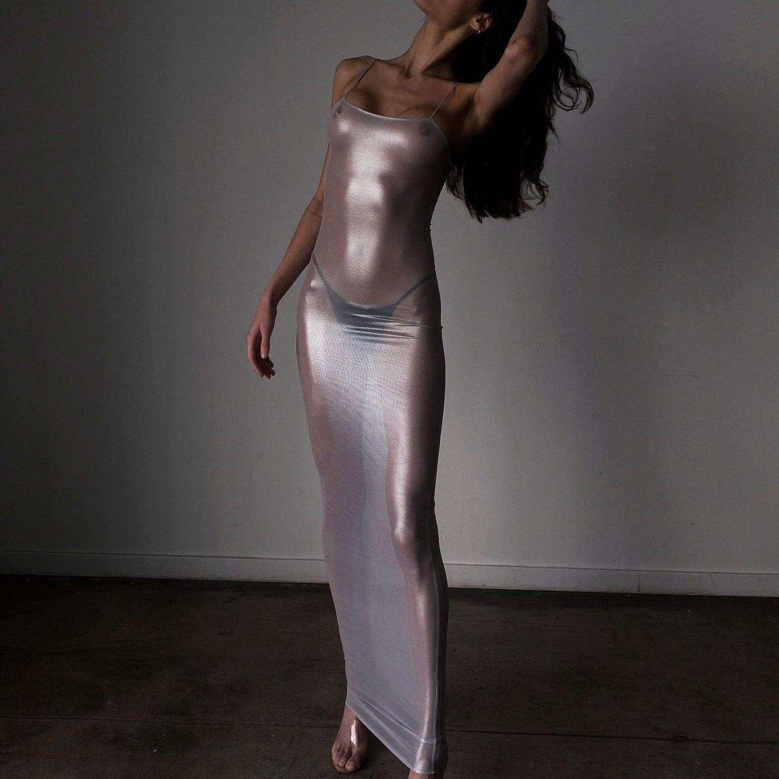Sheer Metallic Maxi Dress in Silver | Subtle Shine Evening Wear Sheer Metallic Maxi Dress in Silver | Subtle Shine Evening Wear