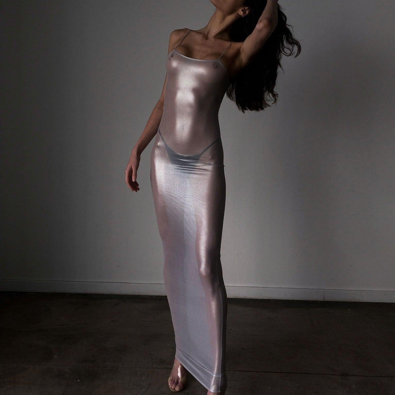 Focused On Me Sheer Metallic Maxi Dress - Silver / S - Mermaid Way