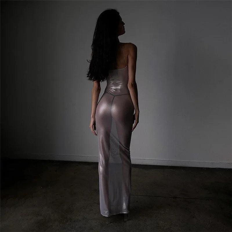 Sheer Metallic Maxi Dress in Silver | Subtle Shine Evening Wear Sheer Metallic Maxi Dress in Silver | Subtle Shine Evening Wear