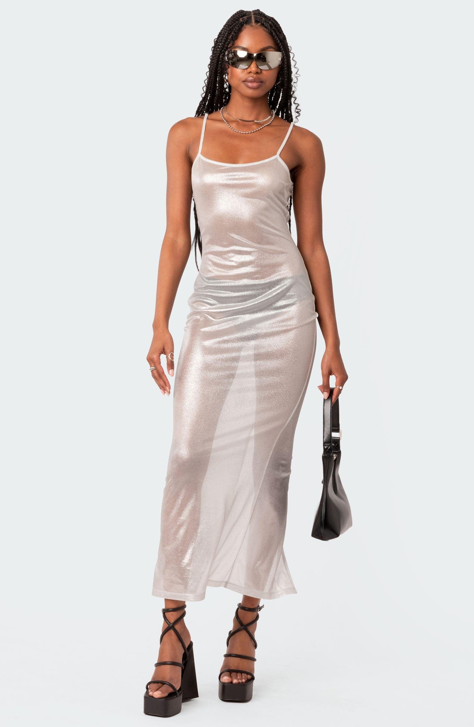 Sheer Metallic Maxi Dress in Silver | Subtle Shine Evening Wear Sheer Metallic Maxi Dress in Silver | Subtle Shine Evening Wear