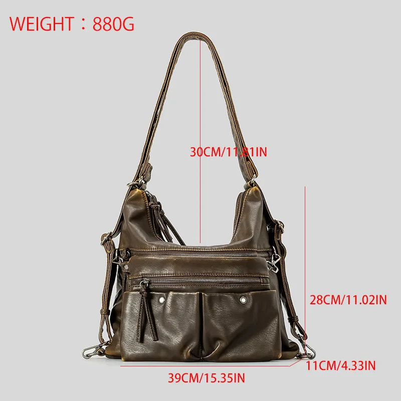 Brown leather shoulder bag with multiple zip pockets, versatile everyday accessory