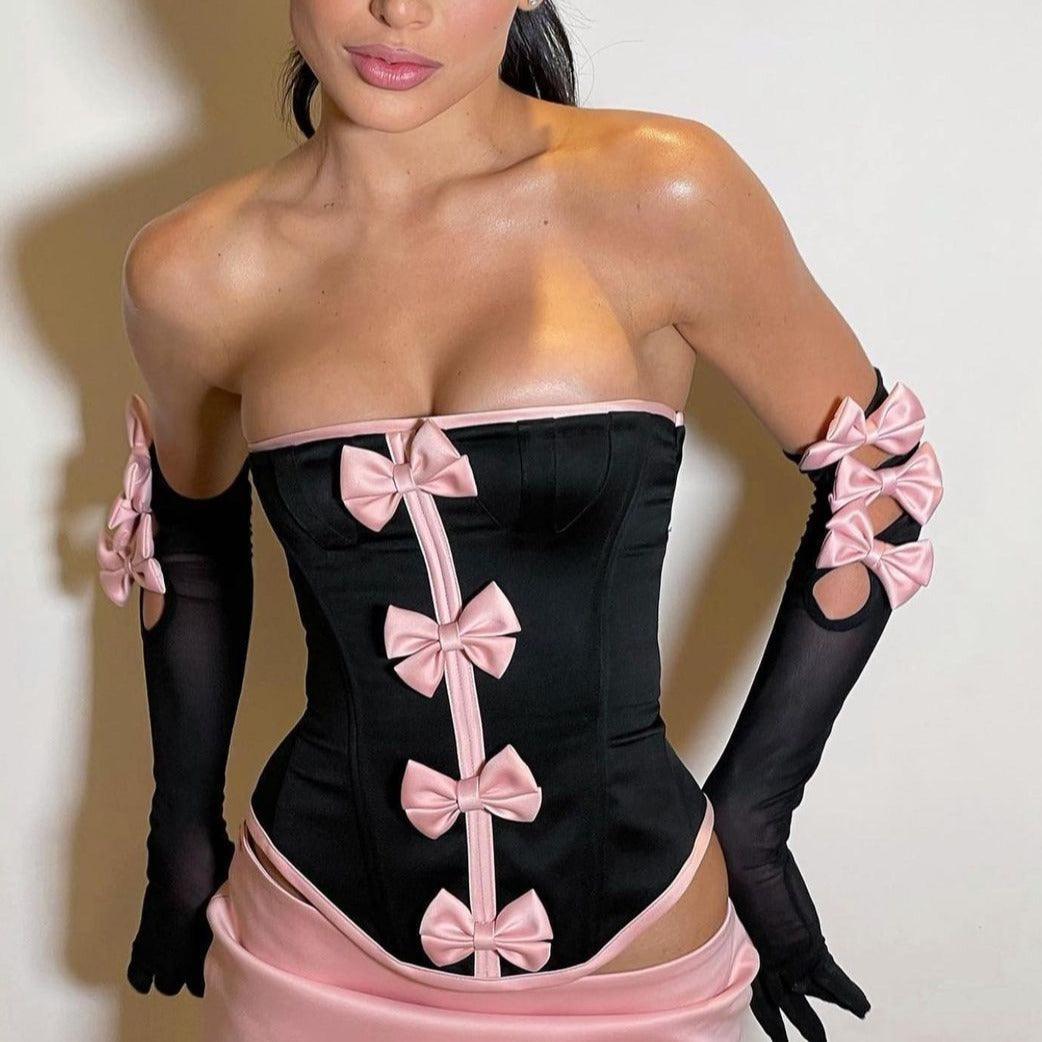 Glam Dollz Corset Bowknot Satin Strapless Set - Black / S - Mermaid Way