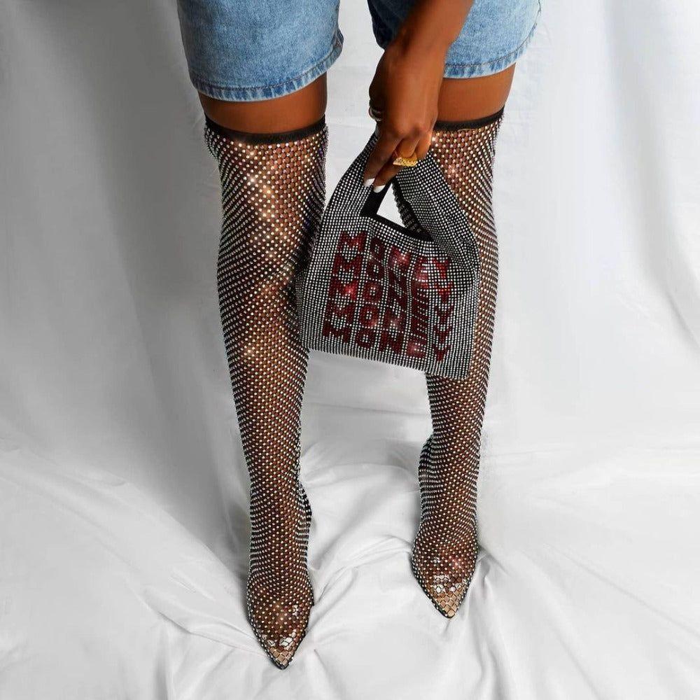 Glimmer Over The Knee Rhinestone Mesh Heel Boots