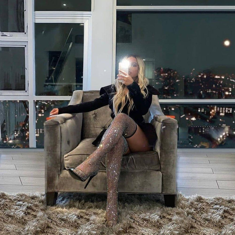 Glimmer Rhinestone Mesh Over-the-Knee Heel Boots