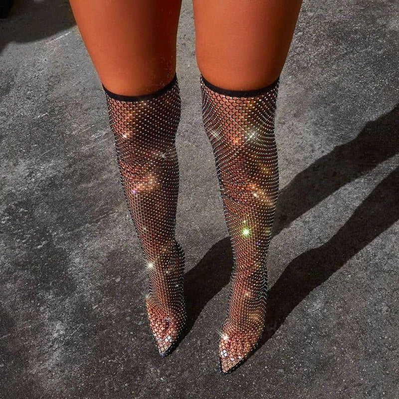 chevelle stretch mesh rhinestone thigh high dress boots Glimmer Rhinestone Mesh Over-the-Knee Heel Boots