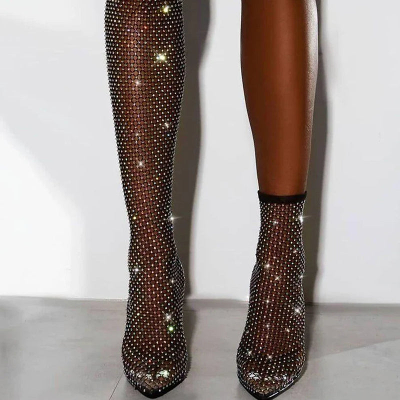 chevelle stretch mesh rhinestone thigh high dress boots Glimmer Rhinestone Mesh Over-the-Knee Heel Boots