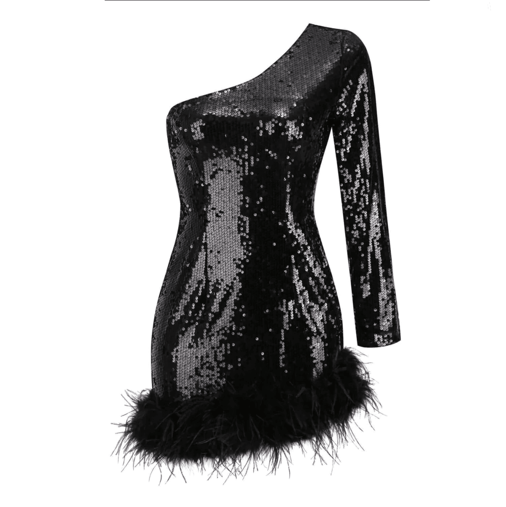 One Shoulder Sequin Feather Mini Dress - Mermaid Way Black / M One Shoulder Sequin Feather Mini Dress - Mermaid Way Black / M