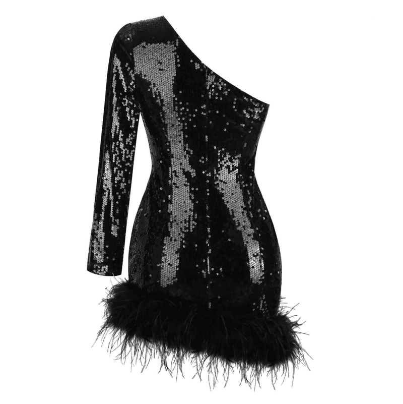 One Shoulder Sequin Feather Mini Dress - Mermaid Way