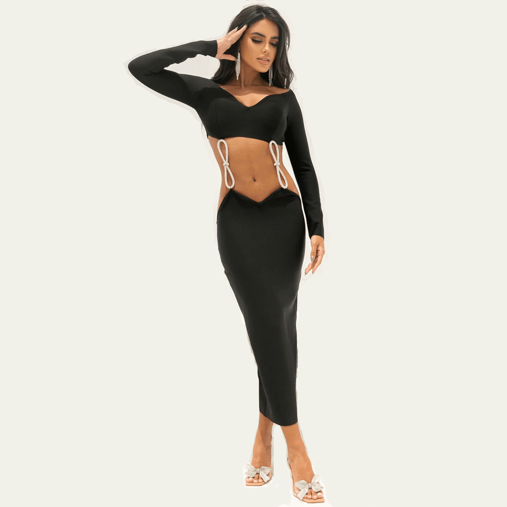 Glitterati Bow Off Shoulder Bandage Midi Dress Mermaid Way, Black / S Glitterati Bow Off Shoulder Bandage Midi Dress Mermaid Way, Black / S