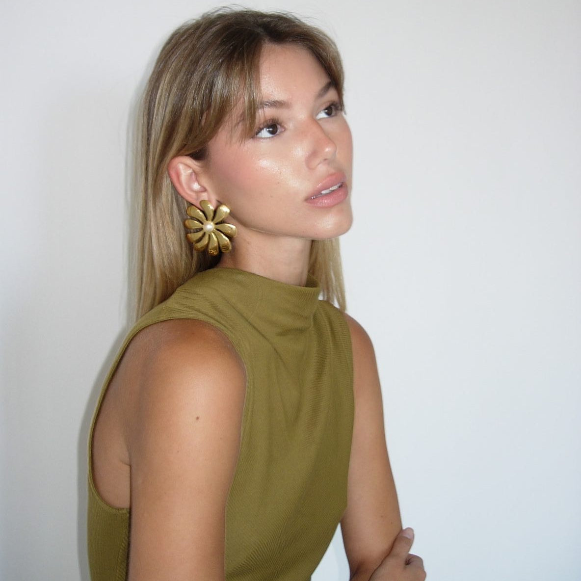 Golden Sunflower Pearl Earrings