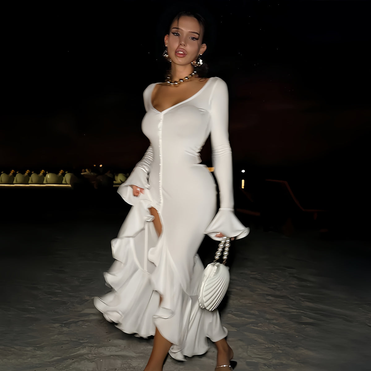 Good Girl White Ruffled Midi Dress