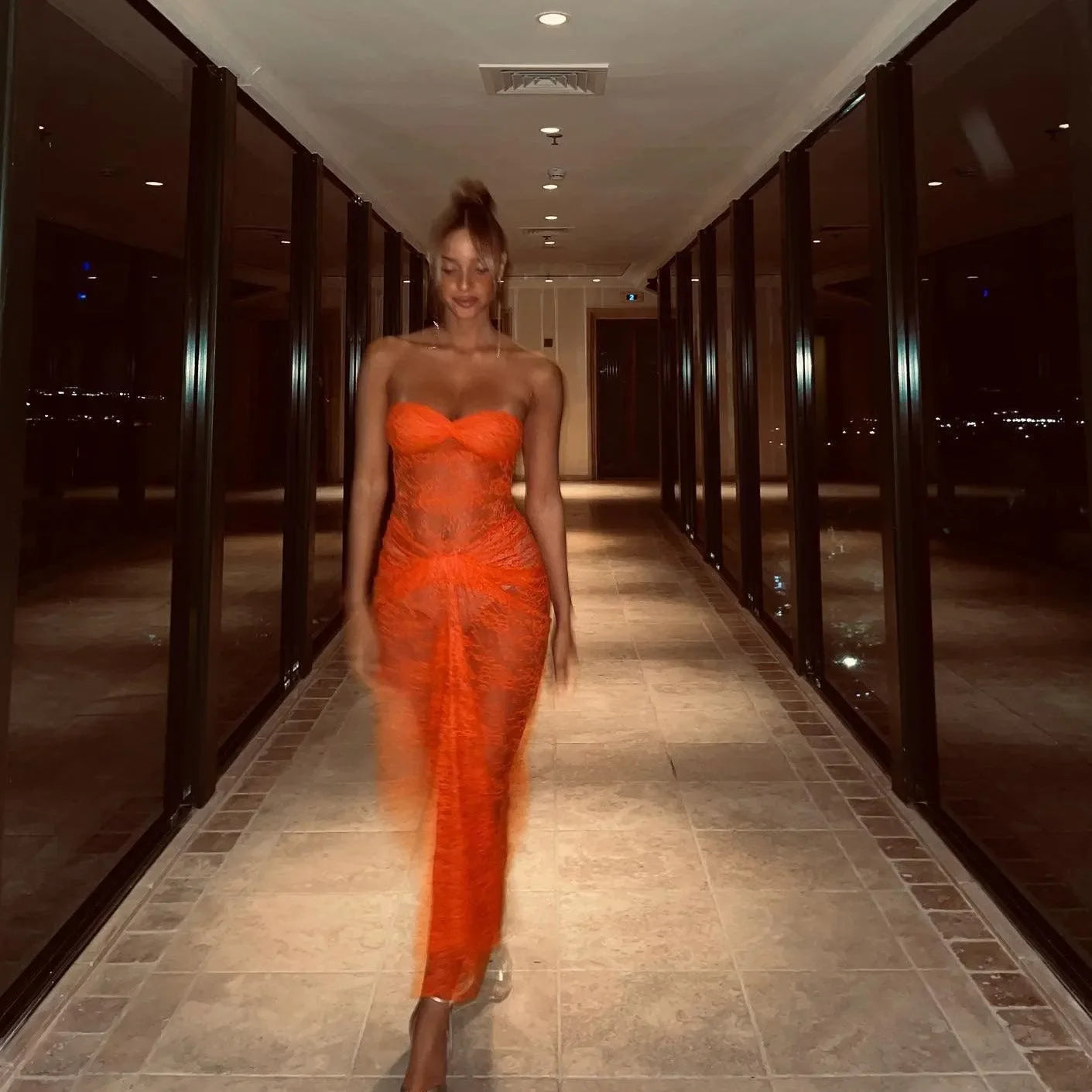 Her Figure Strapless Lace Maxi Dress - Orange / S - Mermaid Way