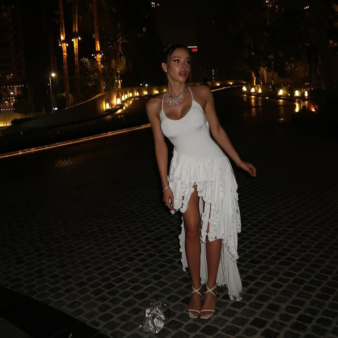 asymmetrical white ruffle dress with high-low hem, evening look