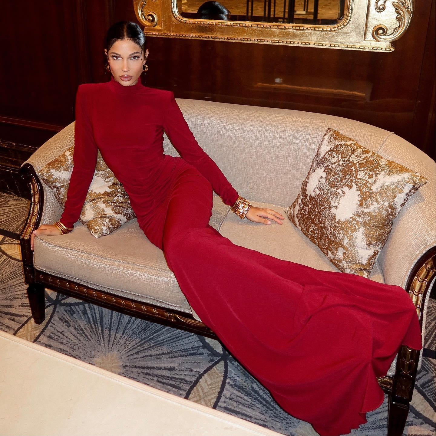 In That Moment Long Sleeve Ruched Maxi Dress - Red / S - Mermaid Way