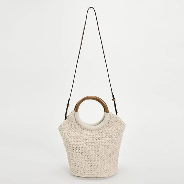 crochet tote bag with wooden handles and shoulder strap
