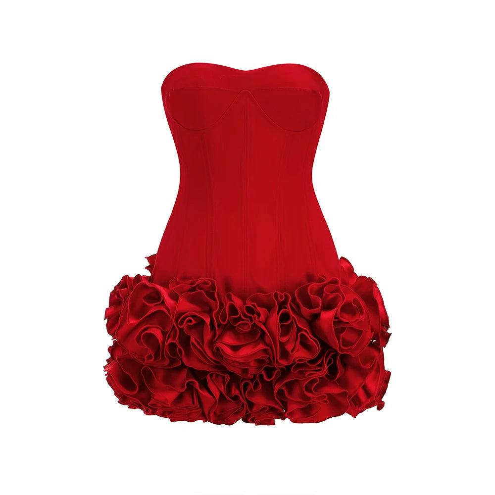 Ocane Vtements - Montale Strapless Corset Floral Ruffle Mini Dress Red / L Ocane Vtements - Montale Strapless Corset Floral Ruffle Mini Dress Red / L
