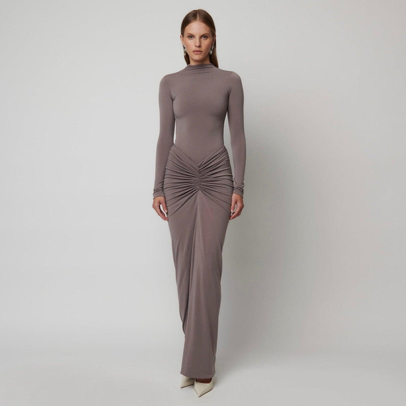 Juliette Gray Draped Long Sleeve Maxi Dress