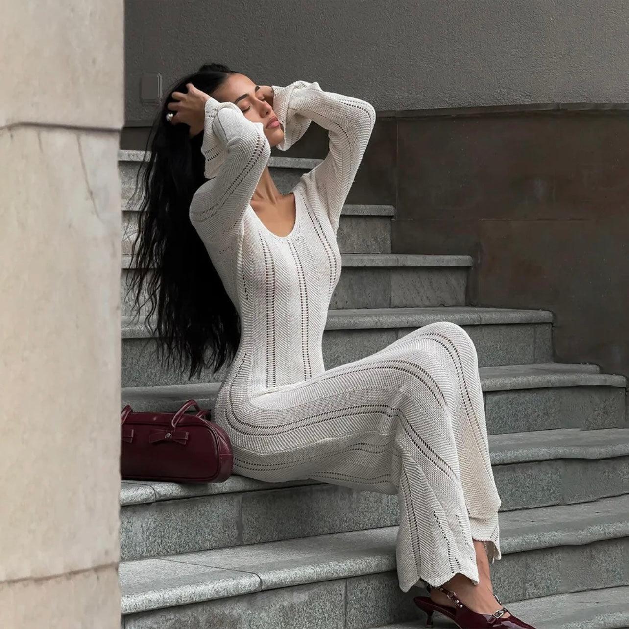 Juno Knitted Long Sleeved Maxi Dress - White / S - Mermaid Way