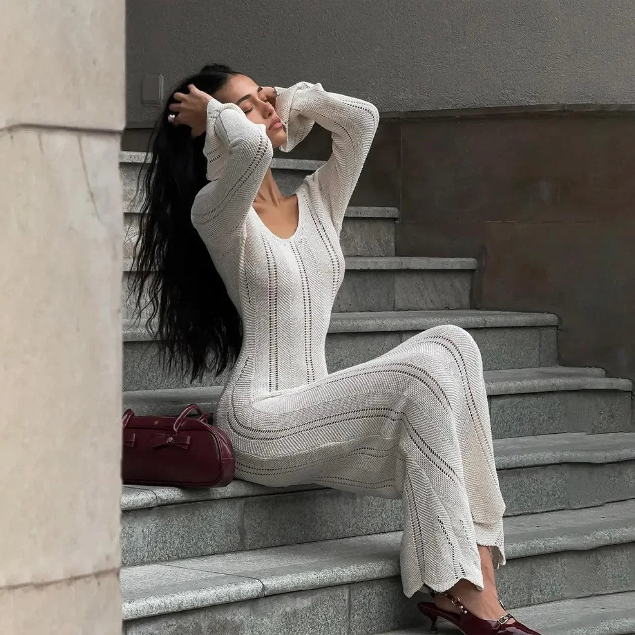 Juno Knitted Long Sleeved Maxi Dress - White / S - Mermaid Way
