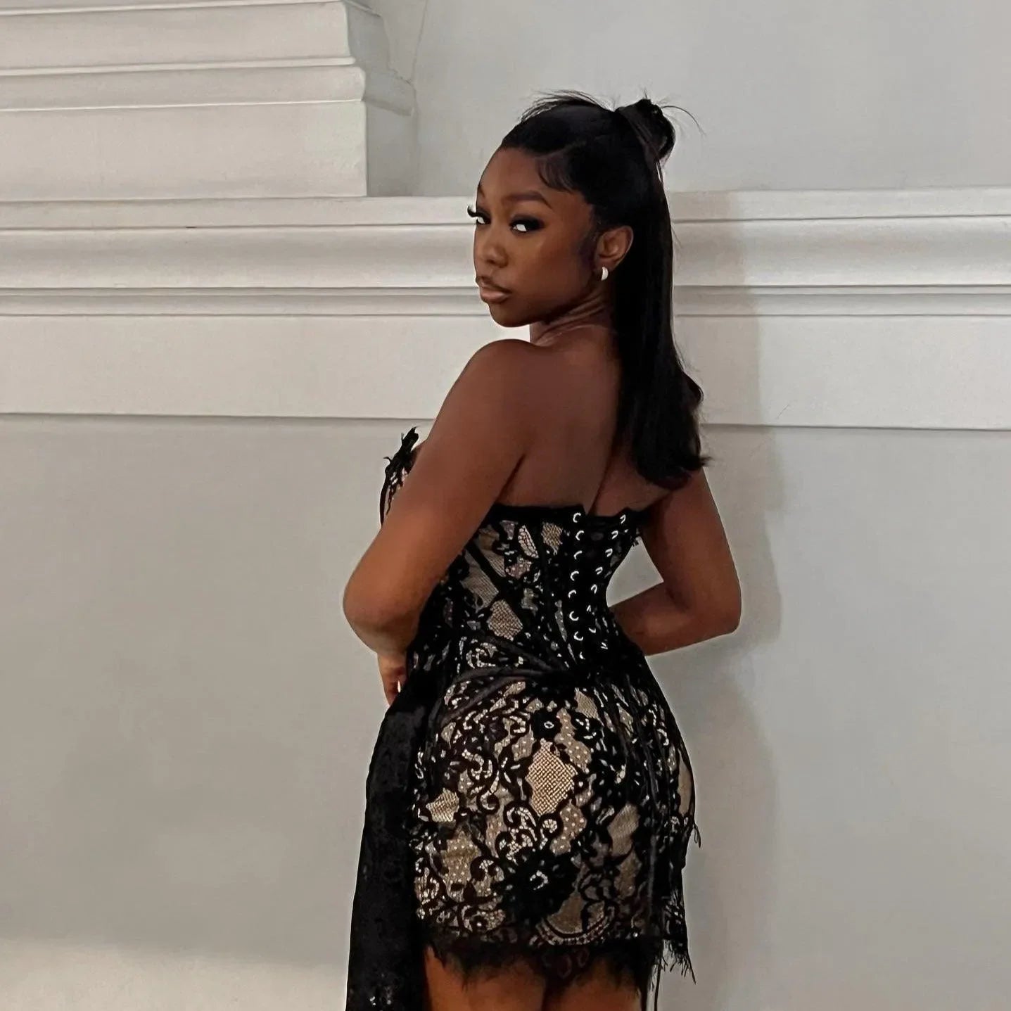 Lace Lure Corset Draped Black Mini Dress - Evening Style Lace Lure Corset Draped Black Mini Dress - Evening Style