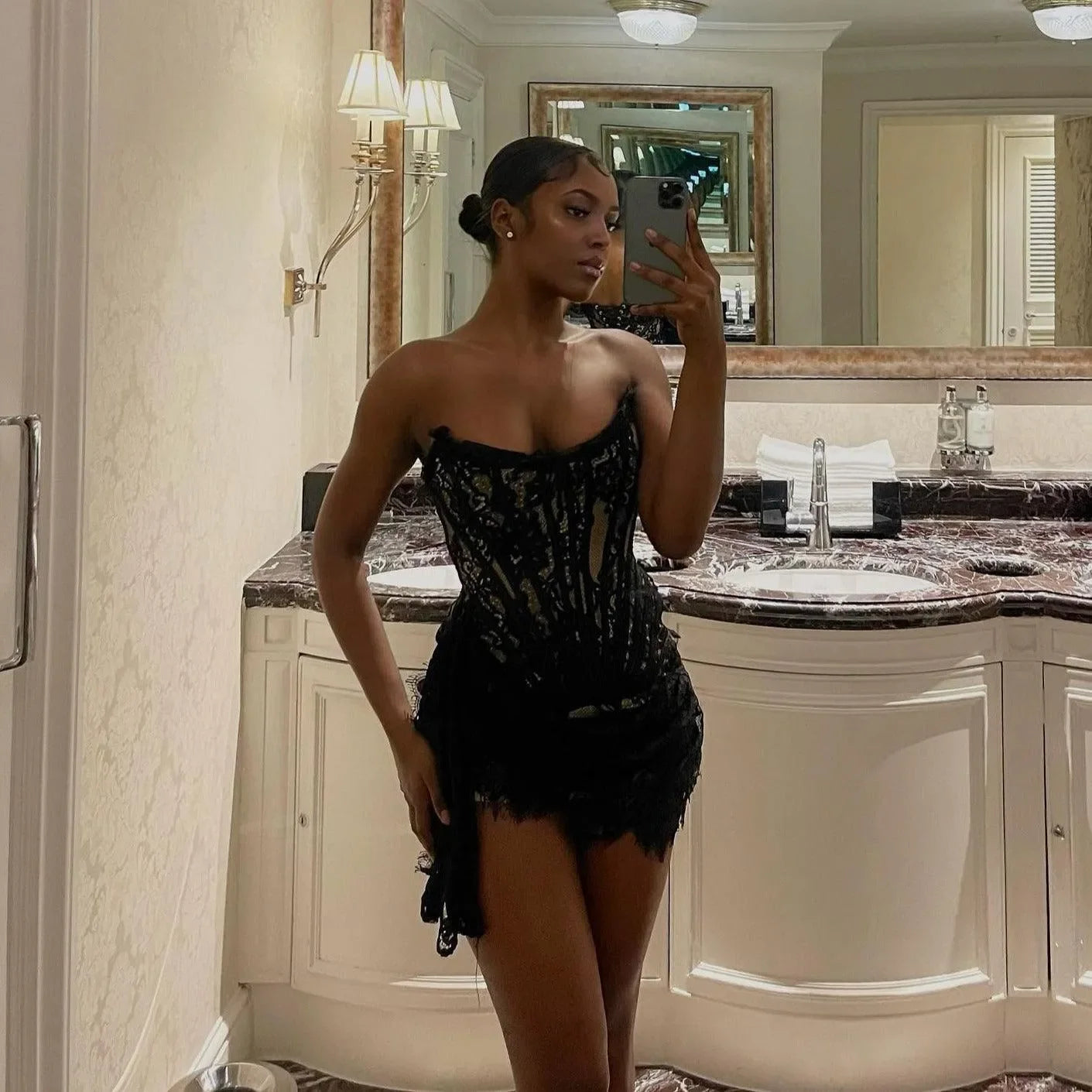 Lace Lure Corset Draped Black Mini Dress - Evening Style Lace Lure Corset Draped Black Mini Dress - Evening Style