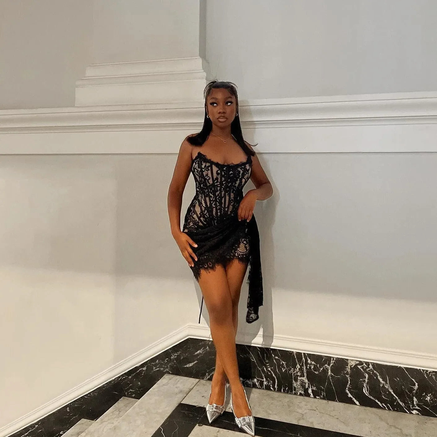 Lace Lure Corset Draped Black Mini Dress - Evening Style Lace Lure Corset Draped Black Mini Dress - Evening Style