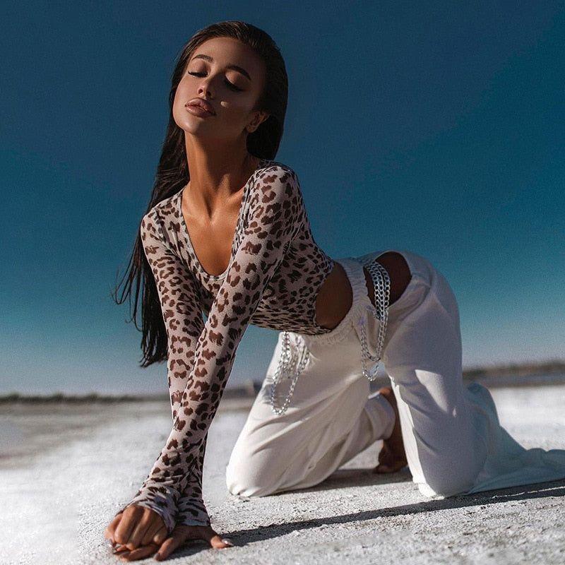 Lavishness Long Sleeve Mesh Bodysuit - Leopard / S - Mermaid Way