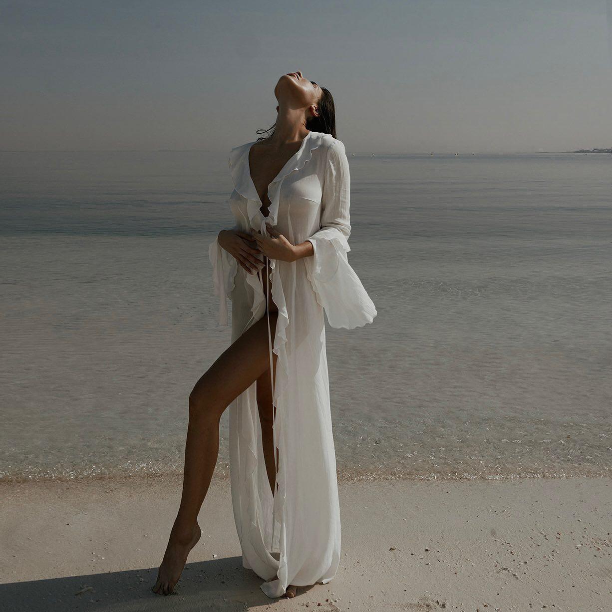Liliana White Ruffle Beach Maxi DressLong Sleeve, Breezy Fit Liliana White Ruffle Beach Maxi DressLong Sleeve, Breezy Fit