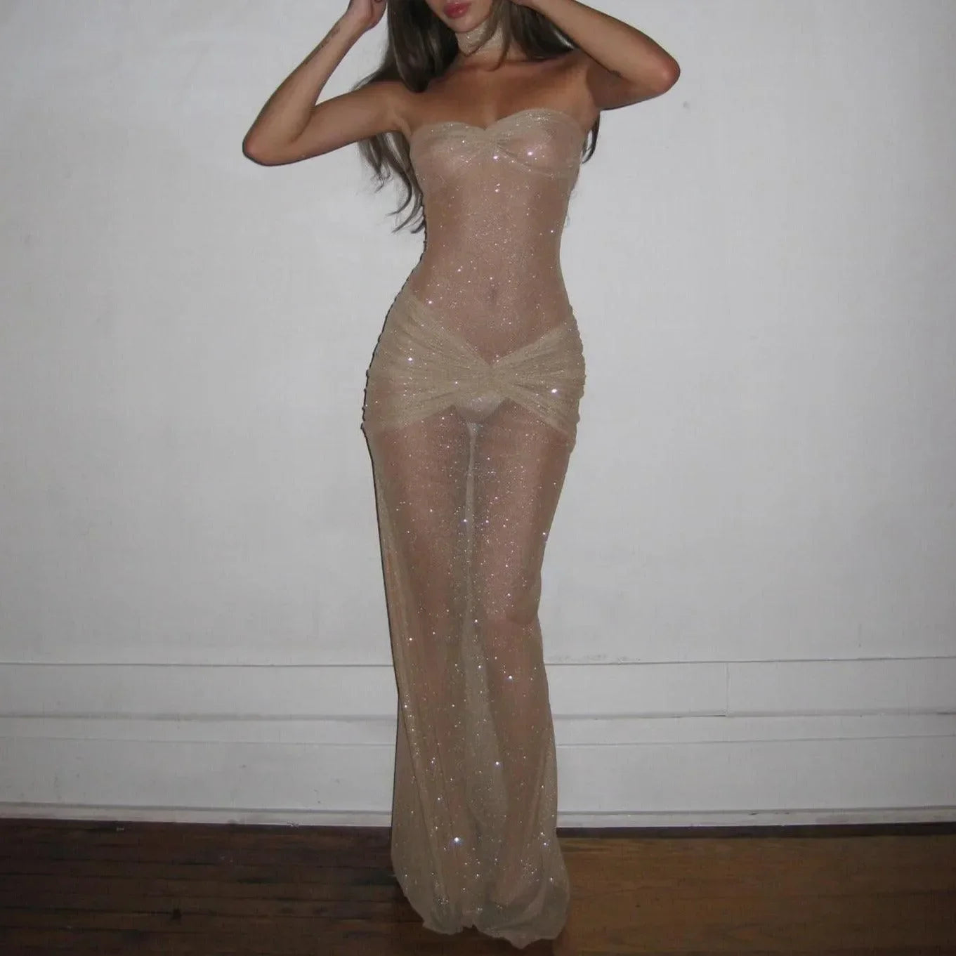 Liquid Gold Glitter Mesh Maxi Dress in Champagne Liquid Gold Glitter Mesh Maxi Dress in Champagne
