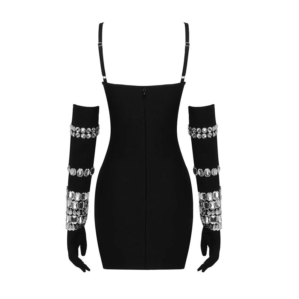 Diamond Mini Dress With Gloves - Sparkling Black Partywear Diamond Mini Dress With Gloves - Sparkling Black Partywear