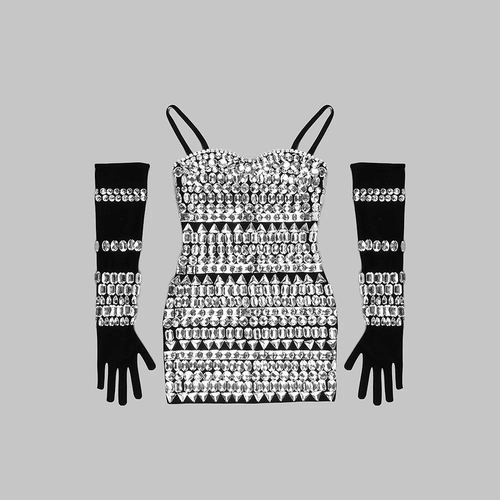 Diamond Mini Dress With Gloves - Sparkling Black Partywear Diamond Mini Dress With Gloves - Sparkling Black Partywear
