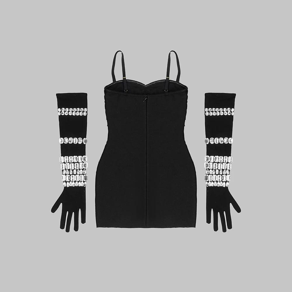 Diamond Mini Dress With Gloves - Sparkling Black Partywear Diamond Mini Dress With Gloves - Sparkling Black Partywear