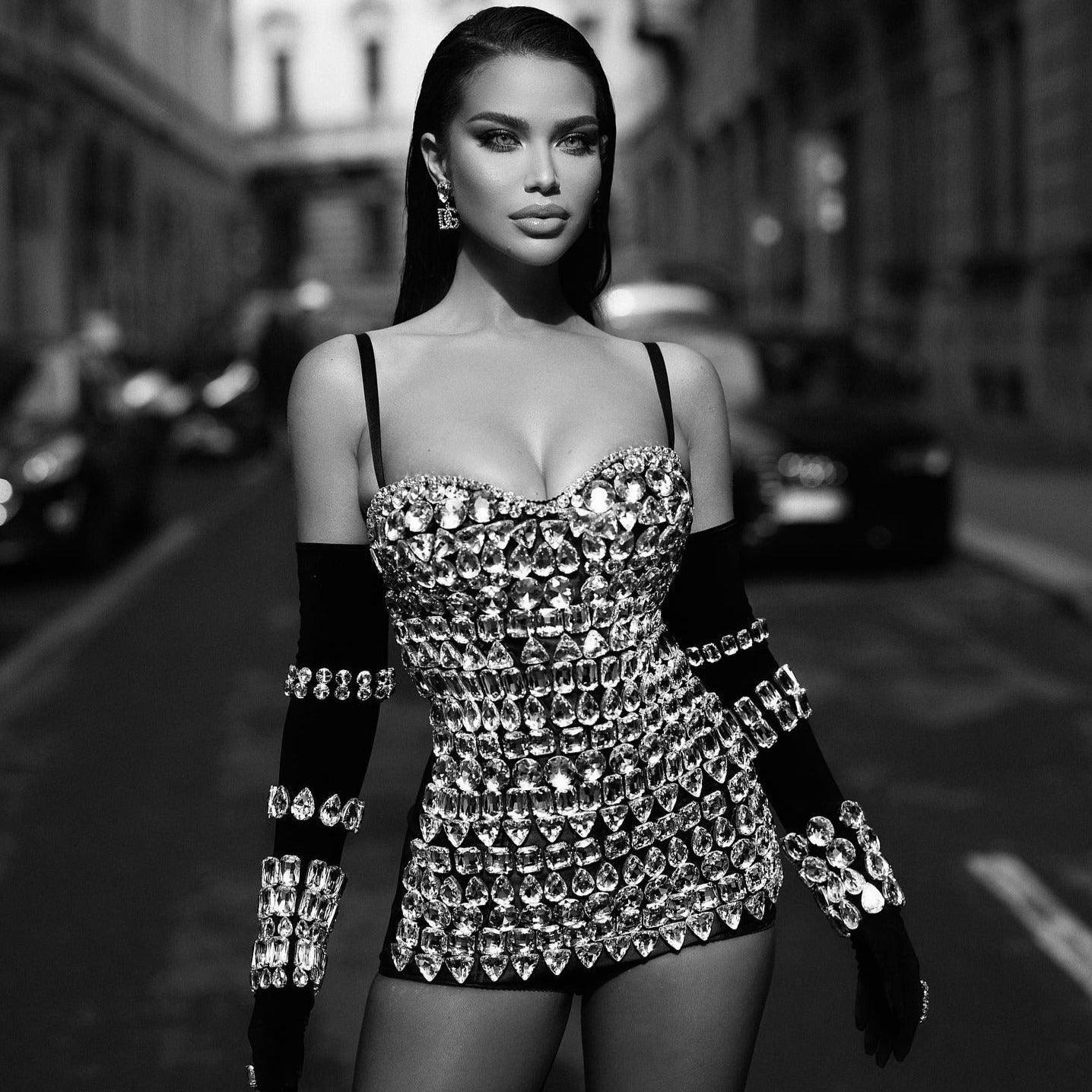 Diamond Mini Dress With Gloves - Sparkling Black Partywear Diamond Mini Dress With Gloves - Sparkling Black Partywear